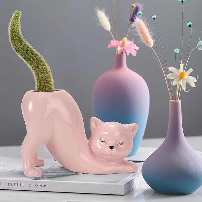 TOIVO Cat Planter Pot,Indoor and Outdoor Plant Displays,Funny Ceramics Cat Flower Pot,Cat Gifts for Cat Lovers,Lovely Office Desk Room Home Decor (Pink, Small)
