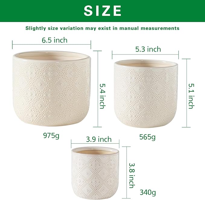 Docrin Ceramic Plant Pots Indoor:6.5+5.3+4 Inch Planters with Drainage Holes for Home/Office - Set of 3 / White