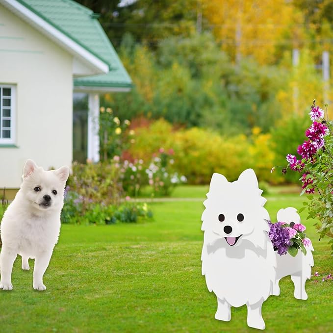 White Pomeranian Dog Planter Plant Pots,Cute Garden Dog Flower Planter,Dog Planters Birthday Gifts for Women,Office,Indoor/Outdoor Decor(9.45 * 6.65 * 12.13in)