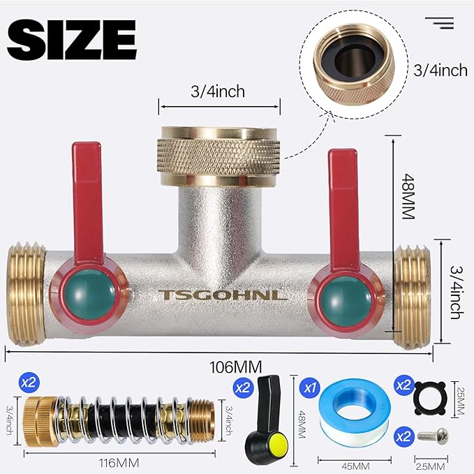 Brass Garden Hose Splitter, 2-Way Heavy Duty Faucet Splitter, 180° longitudinal,Frost Resistant Faucet Diverter for GHT 3/4" Connectors,2 protectors to prevent hose kinking