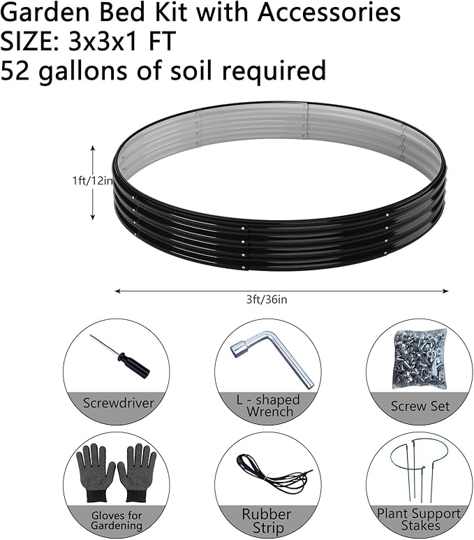 Galvanized Metal Planter Round Raised Garden Bed Kit for Gardening Outdoor,3x3x1ft Grow Garden Box Raised Flower Bed,Round Galvanized Planter Outdoor Large Metal Fire Pit Ring Black