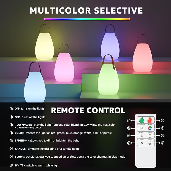 uuffoo 2 Pack Portable Outdoor Table Lamp, Dimmable Cordless Lamp with Remote and 7 RGB Colors IP44 Waterproof Hanging Lamp Indoor/Outdoor Night Lamp Lantern for Bedroom Garden Dining Camping