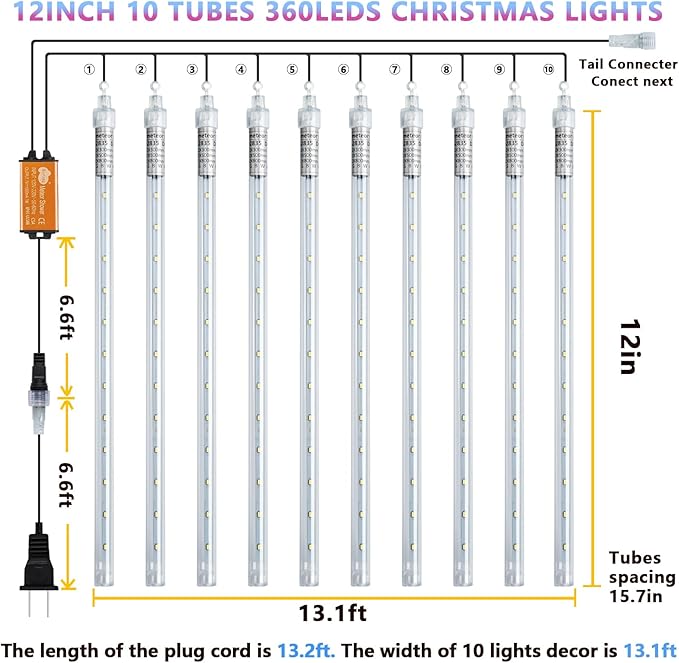Orange Christmas Meteor Shower Rain Lights, 10 Tube 360 LED 12 Inch Outdoor String Lights, Falling Rain Raindrop Light for Halloween Tree Patio Garden Roof Eaves Decor Waterproof Plug