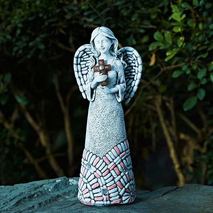 Angel Garden Statues Outdoor Solar Decor Gifts for Women Cross Praying for Cemetery Backyard Lawn Yard Decoration(10.24inch)