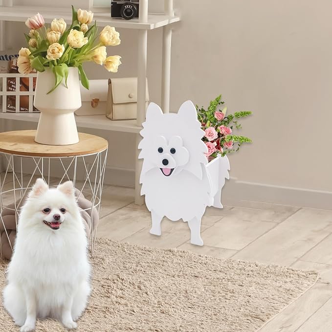 White Pomeranian Dog Planter Plant Pots,Cute Garden Dog Flower Planter,Dog Planters Birthday Gifts for Women,Office,Indoor/Outdoor Decor(9.45 * 6.65 * 12.13in)