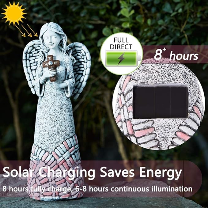 Angel Garden Statues Outdoor Solar Decor Gifts for Women Cross Praying for Cemetery Backyard Lawn Yard Decoration(10.24inch)