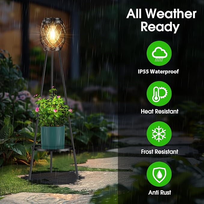 Solar Floor Lamp with Plant Stands,Solar Lights Outdoor with Vintage LED Edison Bulbs, Weatherproof Garden Lights for Pathway, Patio, Yard, 8-10 Hours Lighting, IP55 Waterproof
