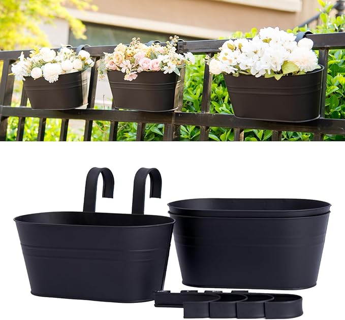 3 Pack Metal Hanging Flower Pots for Railing Fence,Outdoor Balcony Rail Planter with Detachable Hooks Drainage Holes for Deck Garden Home Decor Black
