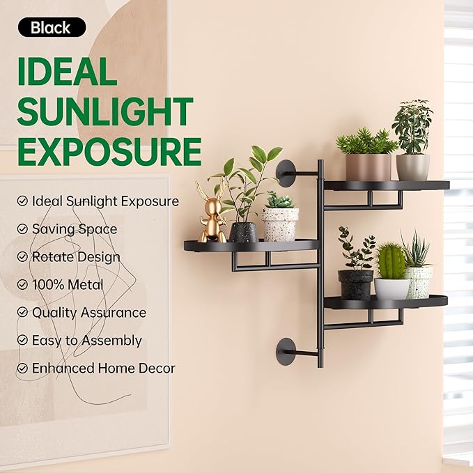 Rotating Window Plant Shelves for Multiple Plants Indoors,3-tier Metal Corner black Plant Stand Holder Floating Plant Shelf for Wall,Windows Sill Gifts for Plant Lovers to Enhance Home Decor