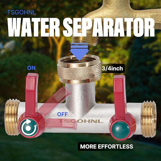 Brass Garden Hose Splitter, 2-Way Heavy Duty Faucet Splitter, 180° longitudinal,Frost Resistant Faucet Diverter for GHT 3/4" Connectors,2 protectors to prevent hose kinking