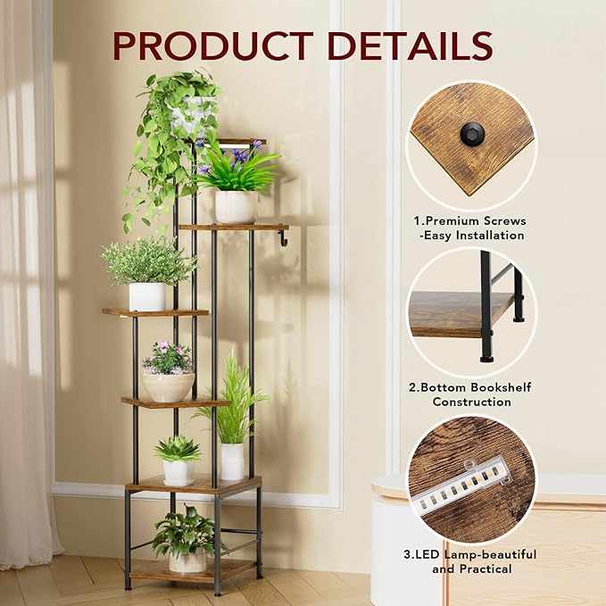 Plant Stand Indoor with Grow Light, 6-Tiered Tall Plant Stand Indoor, Metal Plant Shelf with Hanging Basket Hook and Adjustable Light, Ideal for Living Room, Garden, Patio, (Brown and Black)
