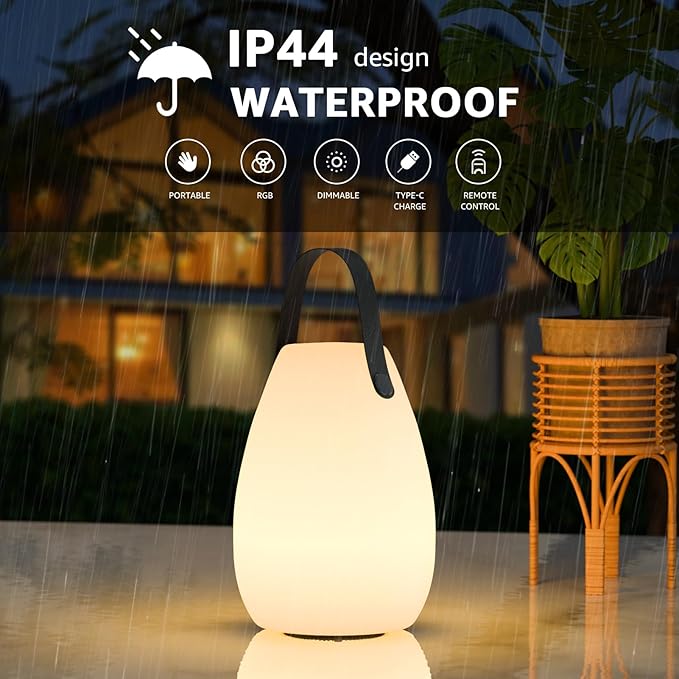 uuffoo 2 Pack Portable Outdoor Table Lamp, Dimmable Cordless Lamp with Remote and 7 RGB Colors IP44 Waterproof Hanging Lamp Indoor/Outdoor Night Lamp Lantern for Bedroom Garden Dining Camping