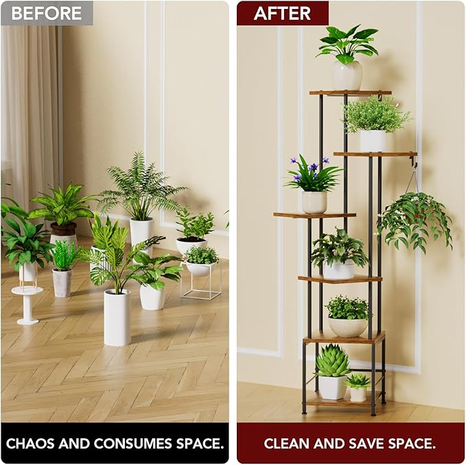Plant Stand Indoor with Grow Light, 6-Tiered Tall Plant Stand Indoor, Metal Plant Shelf with Hanging Basket Hook and Adjustable Light, Ideal for Living Room, Garden, Patio, (Brown and Black)