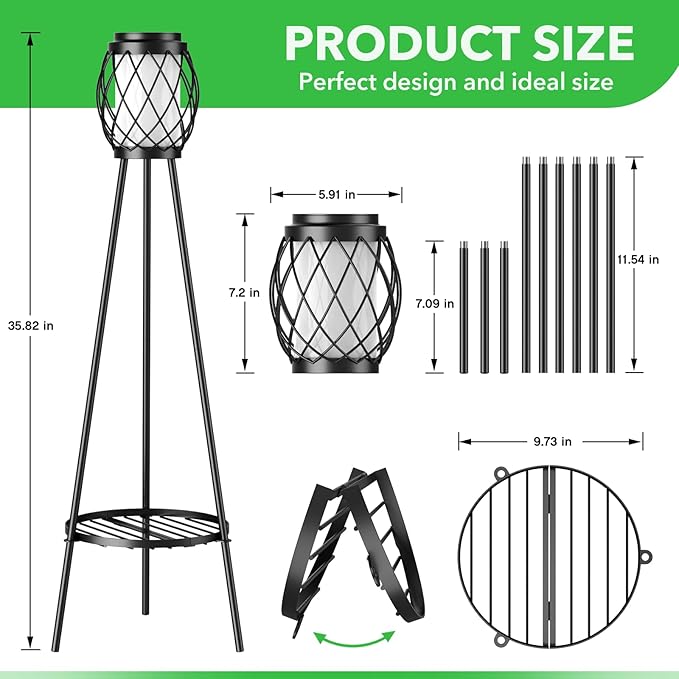 Solar Lights Outdoor with Plant Stands 2 Pack, Solar Floor Lamp Metal Tripod Patio Lights for Garden Yard Pathway Driveway Front/Back Porch Decoration