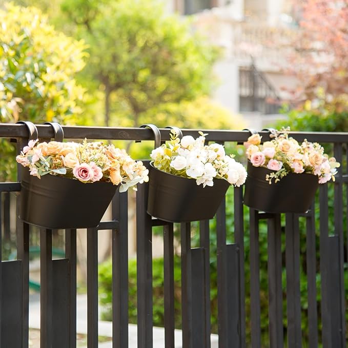 3 Pack Metal Hanging Flower Pots for Railing Fence,Outdoor Balcony Rail Planter with Detachable Hooks Drainage Holes for Deck Garden Home Decor Black