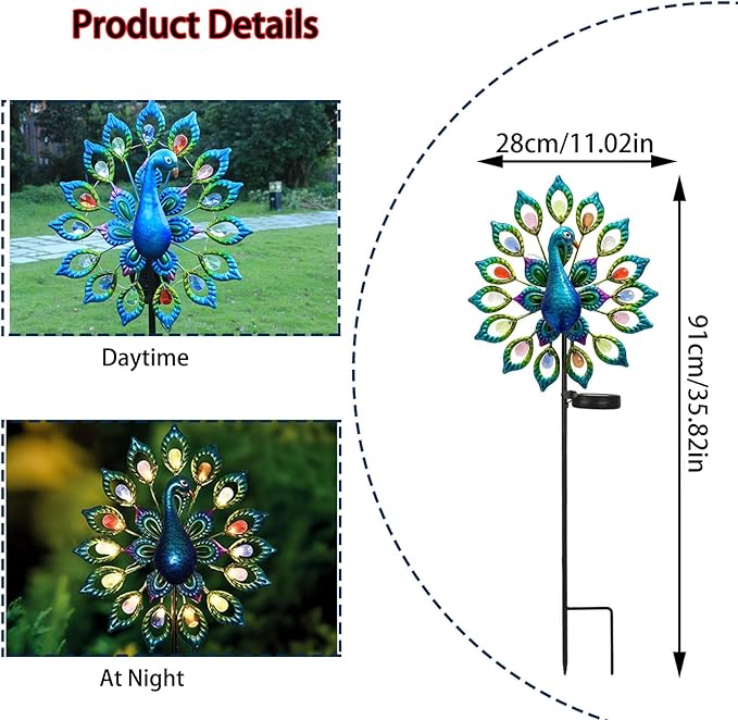 Outdoor Wind Spinner, Solar Garden Lights Metal Peacock Garden Decor,Solar Stake Lights Decorative for Patio Pathway Yard Decoration Mothers Day Ideal Gifts(Peacock Opens its Tail)