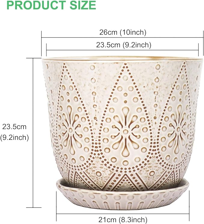 Gepege 10 Inch Plant Pot, Creamy White Ceramic Planter with Drainage Holes and Saucers for Plants Indoor and Outdoor Flower Pot