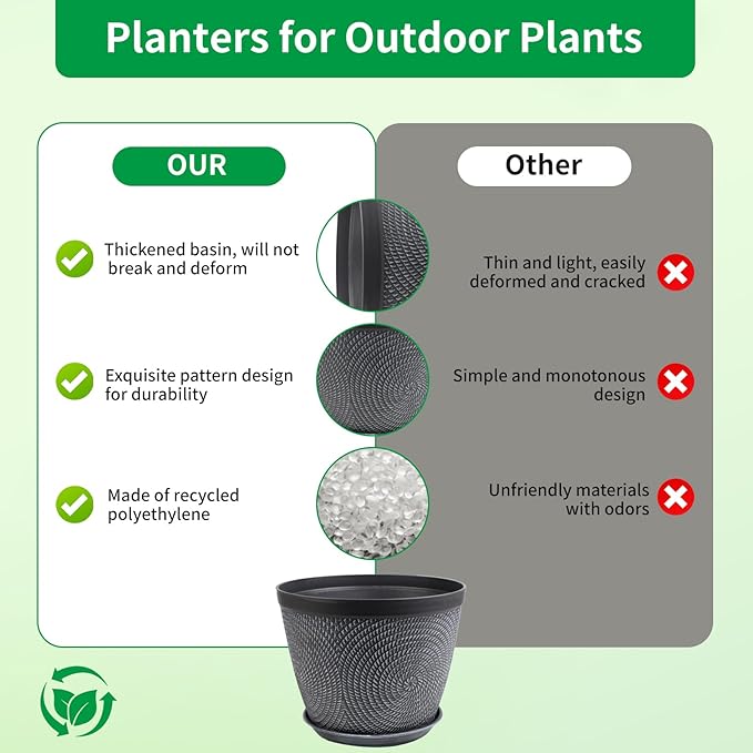 Quarut Large 12 Inch Plant Pot for Plants Outdoor Indoor, 4 Pack Plastic Flower Pots with Drainage Hole & Saucer, Modern Decorative Garden Pot with Saucer, Plant Container for House(Gray)
