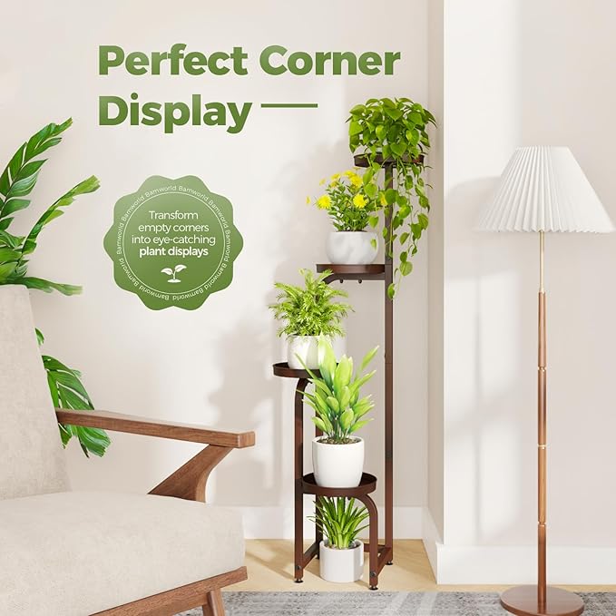 Bamworld Tall Plant Stand Indoor Outdoor, Corner Metal Flower Pot Stands for Multiple Plants, 4 Tier Brown Heavy Duty Plant Shelf for Patio Garden Balcony Living Room Bedroom