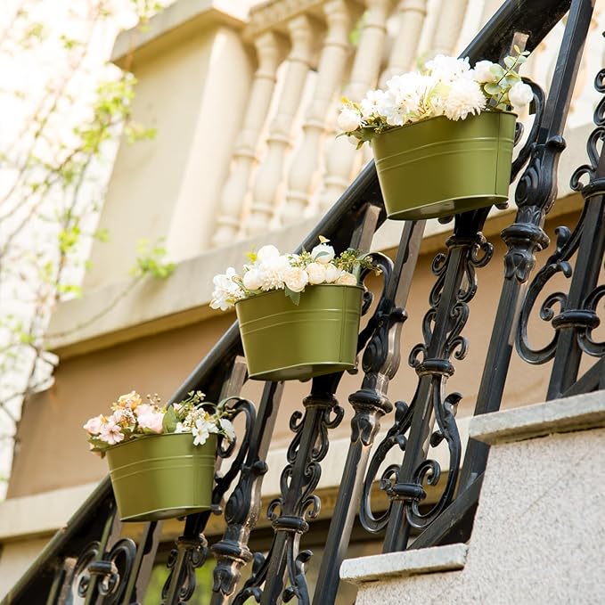 3 Pack Metal Hanging Flower Pots for Railing Fence,Outdoor Balcony Rail Planter with Detachable Hooks Drainage Holes for Deck Garden Home Decor Green