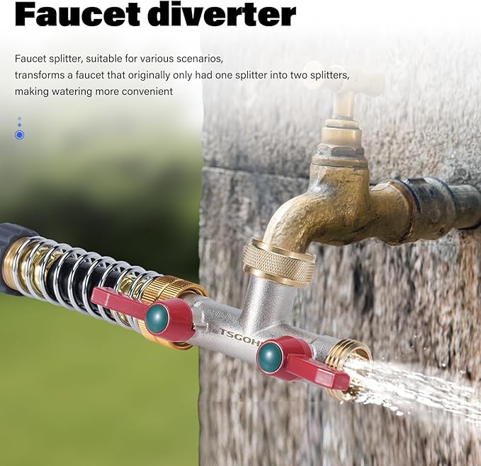 Brass Garden Hose Splitter, 2-Way Heavy Duty Faucet Splitter, 180° longitudinal,Frost Resistant Faucet Diverter for GHT 3/4" Connectors,2 protectors to prevent hose kinking
