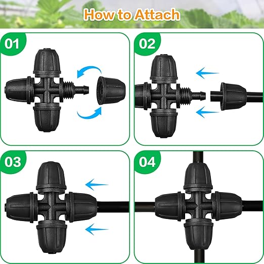 Upgraded 1/4" Drip Irrigation Cross Fittings:24 Pieces Leak Free Lock Barbed 4 Way Tee Connectors for 1/4 Inch Irrigation Tubing Quick Connect Parts for Garden Landscape System