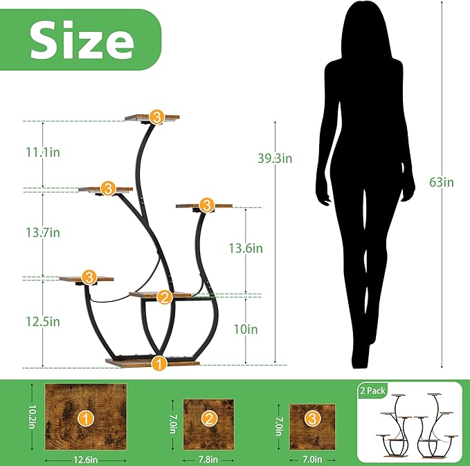 Plant Stand Indoor with Grow Lights - 2 Pack Indoor Plant Shelf, 6 Tiered Corner Plant Stands for Indoor Plants, Swan-Shaped Plant Holder, Metal Flower Display Rack for Living Room, Patio Decor(Black)