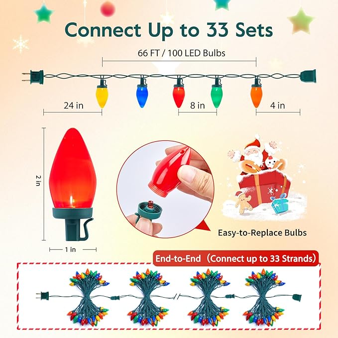 Brightown C9 LED Christmas String Lights, 66ft Multi-Color Outdoor Lights String with 100 Smooth Opaque Bulbs, Plug-in Vintage Roofline Lights String for Outside Patio Christmas Holiday Decor