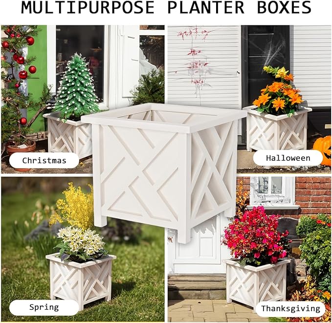 Lattice Design Planter Box 2-Pack – 14.75-Inch Decorative Outdoor Flower or Plant Pots – Front Porch, Patio, and Garden Decor by Pure Garden (White)