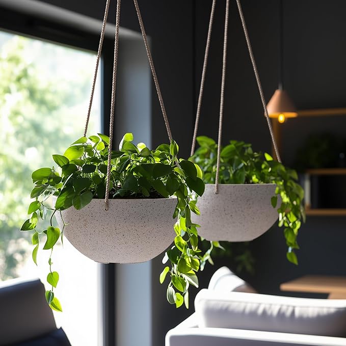LA Jolie Muse Hanging Planters for Indoor Plants - Flower Pots Outdoor 9.84 inch Garden Planters and Pots,Speckled White Set of 2