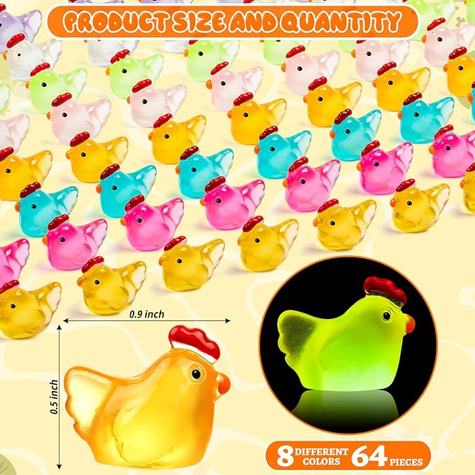 192PCS Luminous Mini Resin Chickens Miniature Animals, Tiny Chickens Miniature Figurines Glow in The Dark for Micro Garden, Potted Plant, DIY, Home Outdoor Party Decor (8 Colors)