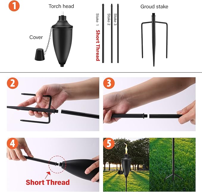 6 Pack Garden Torches for Outside, 22 oz Metal Citronella Torch with 3-Prong Grounded Stake, Perfect for Patio, Lawn, and Backyard Décor