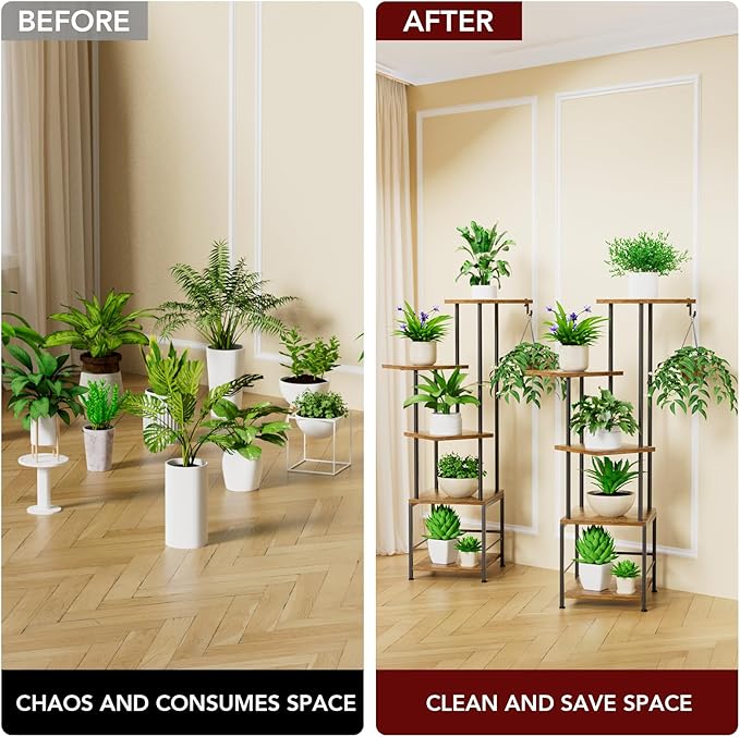 Plant Stand Indoor with Grow Light, 5-Tiered Tall Plant Stand Indoor, Metal Plant Shelf with Hanging Basket Hook and Adjustable Light, Ideal for Living Room, Garden, Patio,Brown and Black(2 pcs )