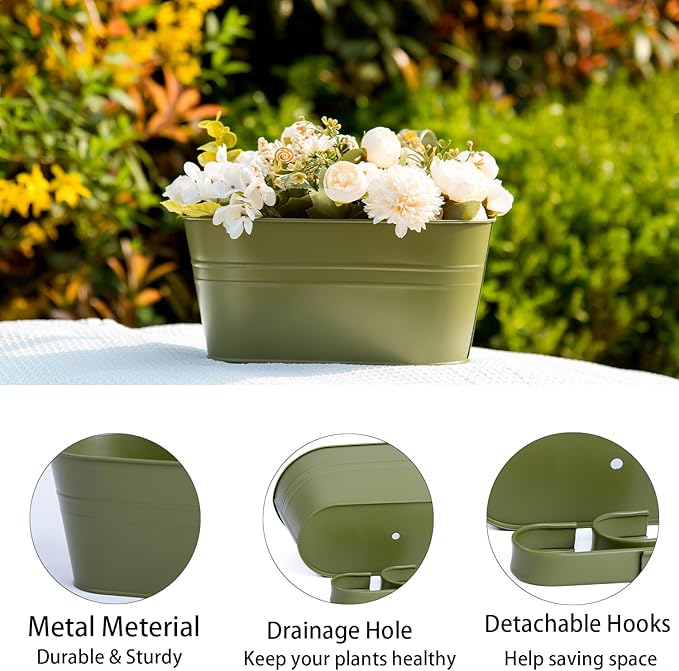 3 Pack Metal Hanging Flower Pots for Railing Fence,Outdoor Balcony Rail Planter with Detachable Hooks Drainage Holes for Deck Garden Home Decor Green