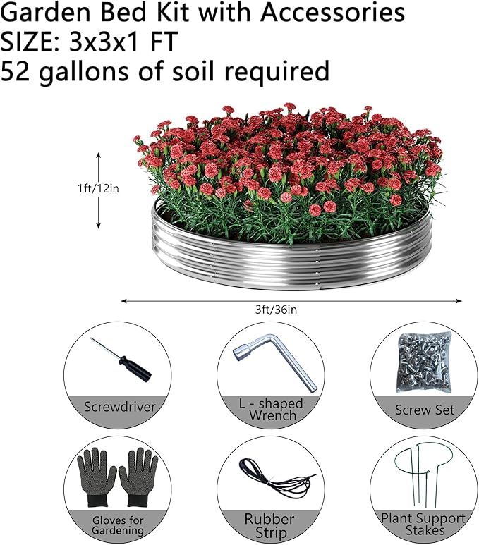 Galvanized Metal Planter Round Raised Garden Bed Kit for Gardening Outdoor,3x3x1ft 2 Grow Garden Box Raised Flower Bed,Round Galvanized Planter Outdoor Large Metal Fire Pit Ring
