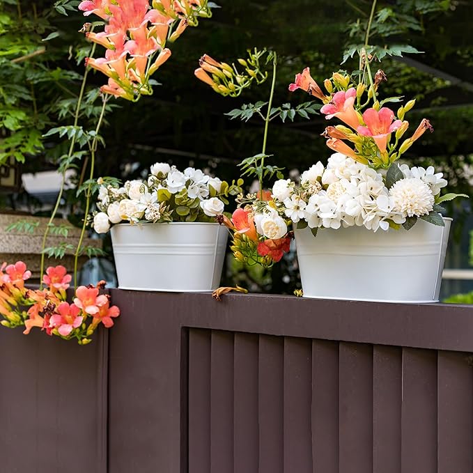 3 Pack Metal Hanging Flower Pots for Railing Fence,Outdoor Balcony Rail Planter with Detachable Hooks Drainage Holes for Deck Garden Home Decor White