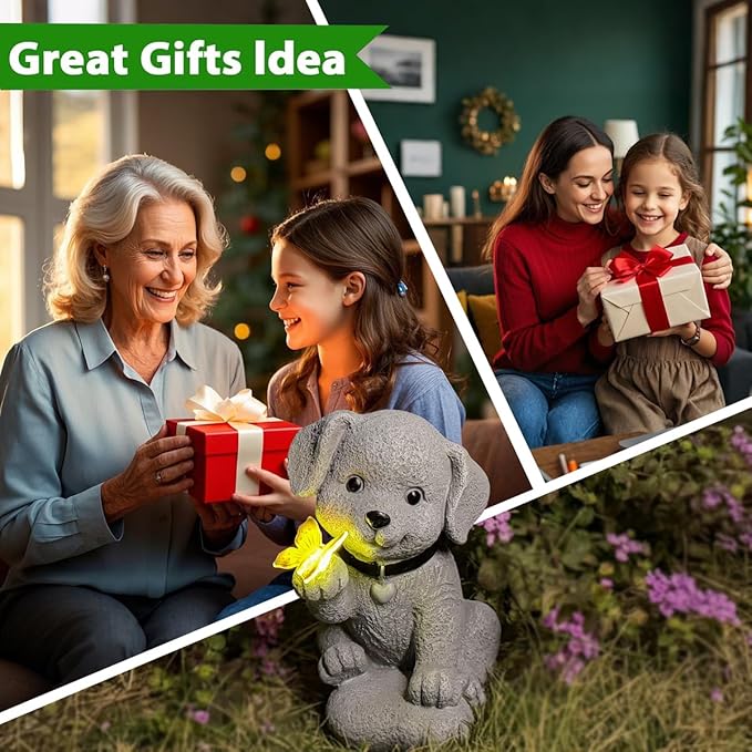 Solar Dog Statue Garden Decor with Butterfly Light – Waterproof Outdoor Yard Art for Patio, Lawn, Balcony for Patio, Balcony, Yard Ornament, Unique House Warming Garden Gifts Figurine Lights
