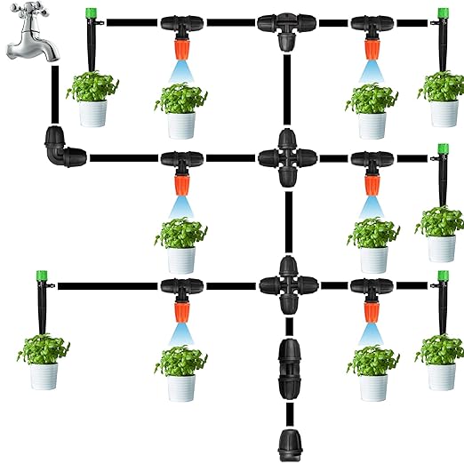 Upgraded 1/4" Drip Irrigation Fittings:60 Pieces Set-15 Couplings 15 Tees 5 Crosses 10 Elbows 10 End Plugs 5 Micro Dripper, Leak Free Barbed Locked Connectors for 1/4 Inch Irrigation Tubing