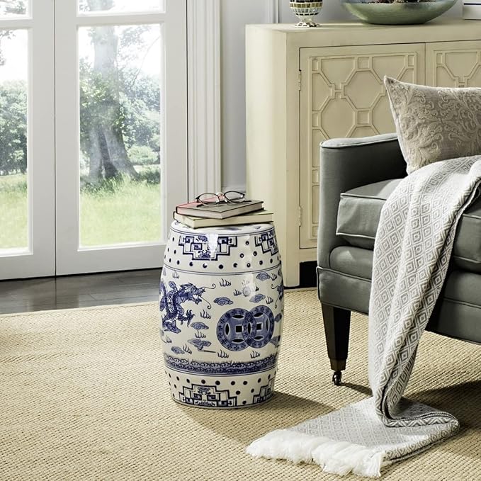 Safavieh Castle Gardens Collection Glazed Ceramic Blue Dragon's Breath Chinoiserie Garden Stool