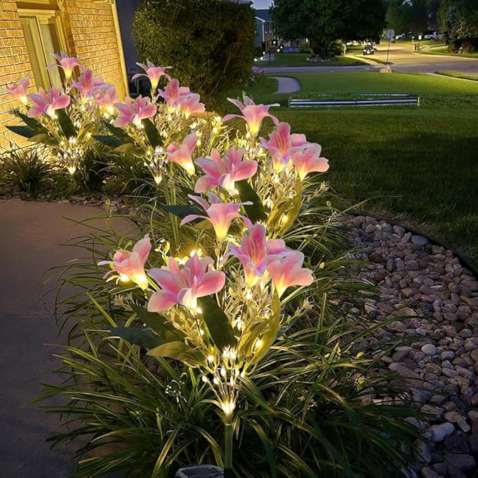 GUOCHENG Lily Flower Solar Lights Outdoor Garden, 2 Pack LED Solar Flower Lights with Lifelike Lily, Waterproof Solar Stake Lily Lights for Courtyard Pathway Flowerbed Lawn Décor(Pink)