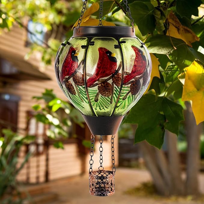 2 PCS Cardinal Solar Hot Air Balloon Lantern with Flame, Glass Balloon Lantern Outdoor Waterproof, Hanging Hot Air Balloon Solar Light, Cardinal Gifts for Mom Woman