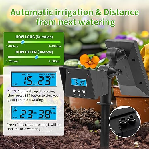 Solar Drip Irrigation System, Automatic Irrigation System for Outdoor Gardening,2200mA Battery and rain Sensing Function,for courtyards, Balconies, Gardens, 10 Potted Plants