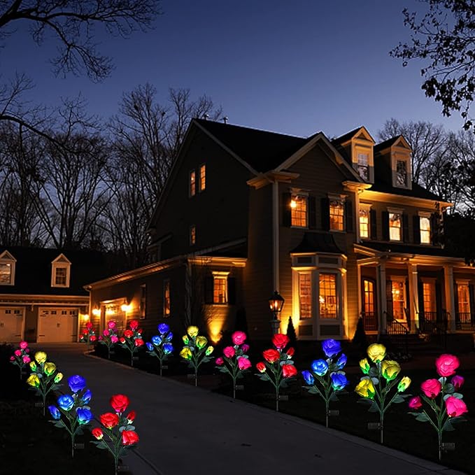 ANGMLN 4 Pack Solar Garden Lights, Solar Flower Lights Outdoor Waterproof with 20 Head Rose 7-Color Changing Landscape Light for Garden Yard Pathway Patio Grave Cemetery Decoration