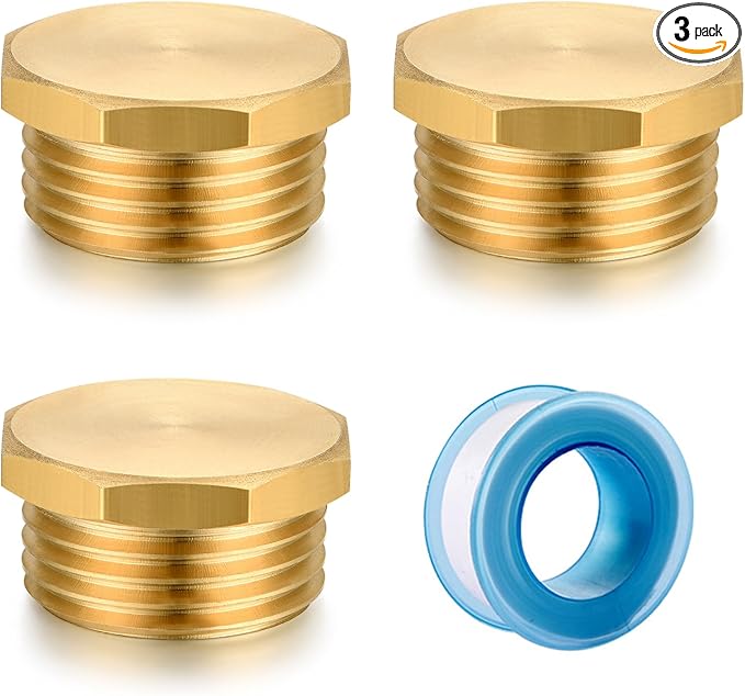 3/4" GHT Male Brass Pipe Plug Outer Garden Hose Male Threaded End Cap Plug Garden Irrigation Pipe Fittings Water Tubing Stopper (3 PCS)