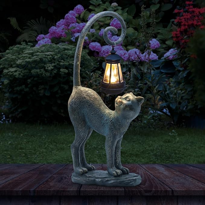 Resin Cat Statue with Solar Lantern, Eye-catching Garden Sculpture Decor,15.3" Height Outdoor Figurine for Garden Yard Patio Decorations,Birthday Gifts