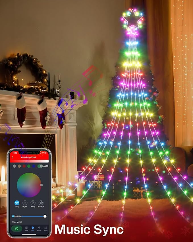 Smart Outdoor Waterfall Lights for Valentines Day, 11.8FT App & Remote Controlled Yard Light, Customizable LED Colors Music Sync, 58+ Dynamic Modes Weatherproof String Lights for Romantic Room Decor