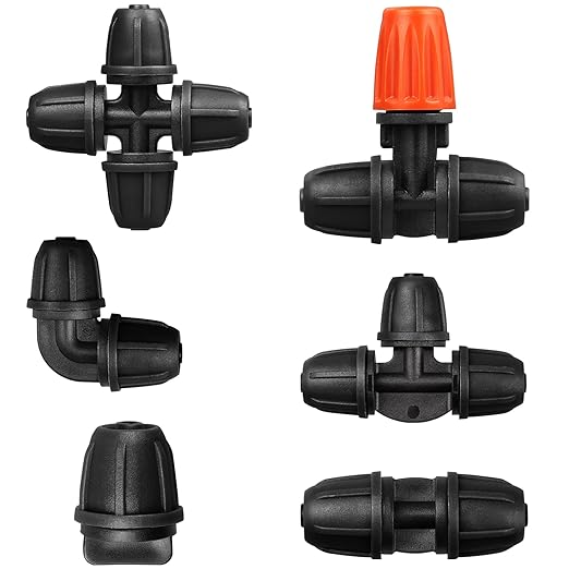 Upgraded 1/4" Drip Irrigation Fittings:60 Pieces Set-15 Couplings 15 Tees 5 Crosses 10 Elbows 10 End Plugs 5 Micro Dripper, Leak Free Barbed Locked Connectors for 1/4 Inch Irrigation Tubing
