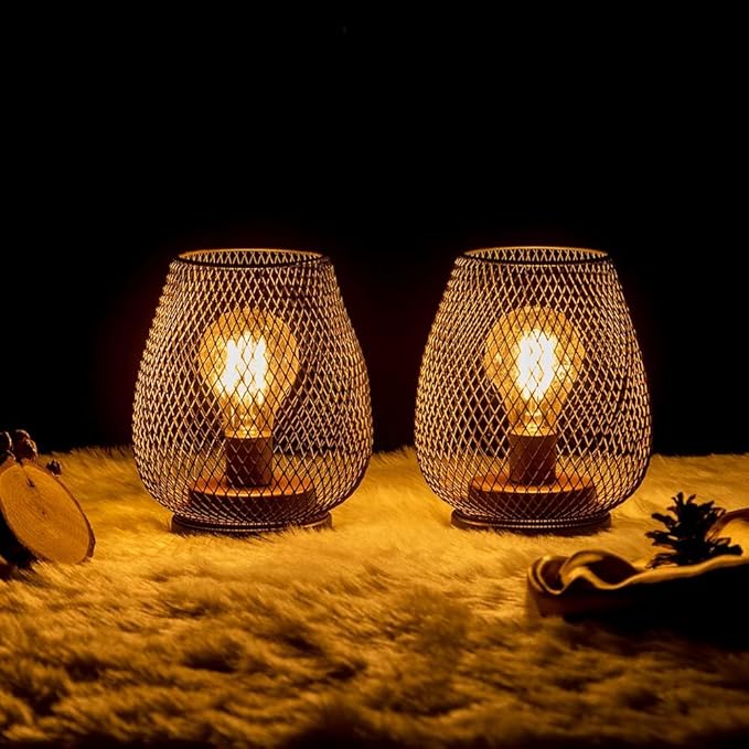 DECORKEY Set of 2 Battery Operated Lamp LED Table Lantern, Brown Metal Cage Cordless Lamps with LED Bulb,Vintage Decorative Outdoor Lantern for Weddings, Parties, Patio, Events for Indoors Shelf Decor