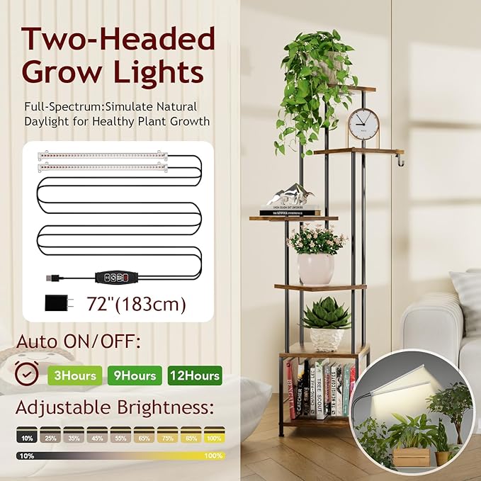 Plant Stand Indoor with Grow Light, 6-Tiered Tall Plant Stand Indoor, Metal Plant Shelf with Hanging Basket Hook and Adjustable Light, Ideal for Living Room, Garden, Patio, (Brown and Black)