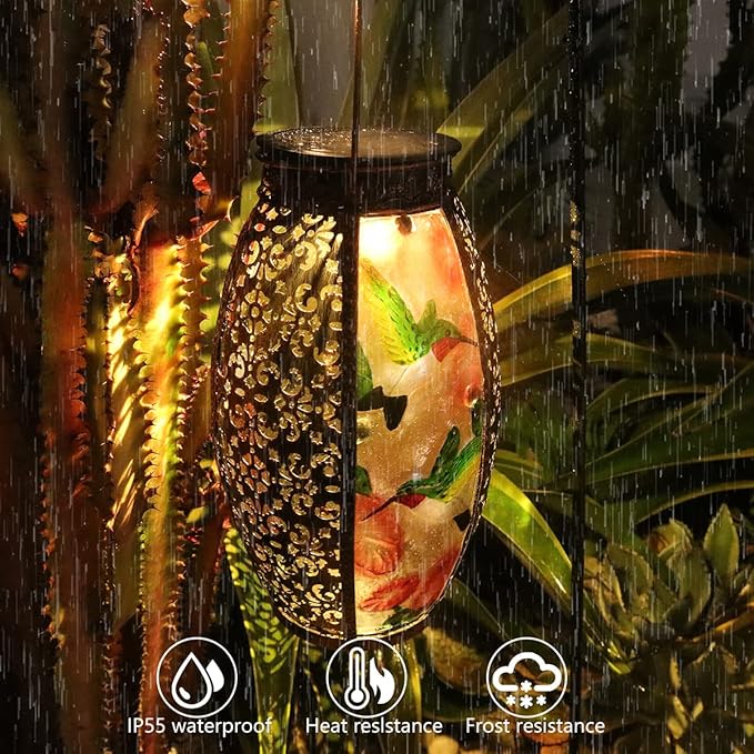Solar Lanterns Outdoor Light - Solar Powered LED Hummingbird Glass Lights Decorative Waterproof Tabletop Lamp with Hollowed-Out Design for Indoor Yard Table Patio Garden Pathway Holiday